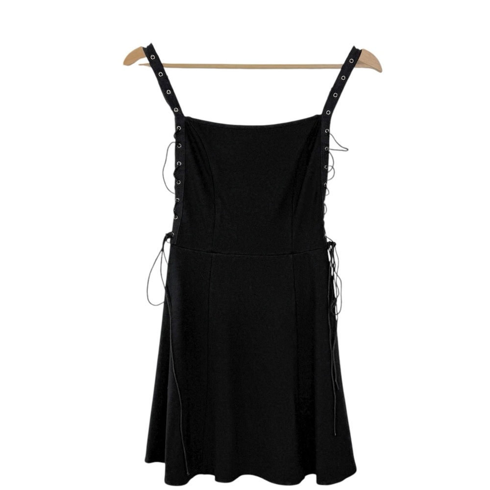 Vock Square Neck  Pinafore Grommet‎ Strap Side Lace Mini Dress Black XS